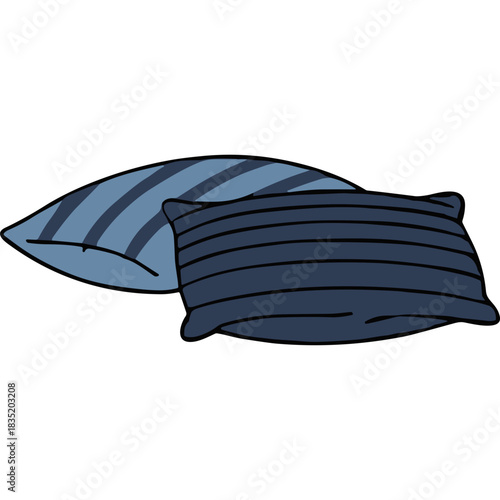 Two Blue Pillows with Striped Patterns in Different Shades of Blue Against a Black Background