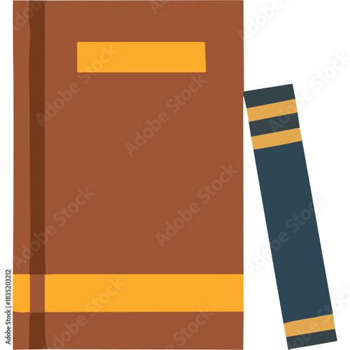 Two Books Standing Together One Large Brown Book With Yellow Stripe and One Small Blue Book With Yellow Stripes on a Black Background