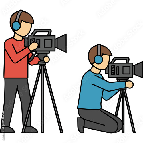 Two Filmmakers Operating Professional Video Cameras on Tripods Capturing Footage With Headphones On Immersive Production Environment