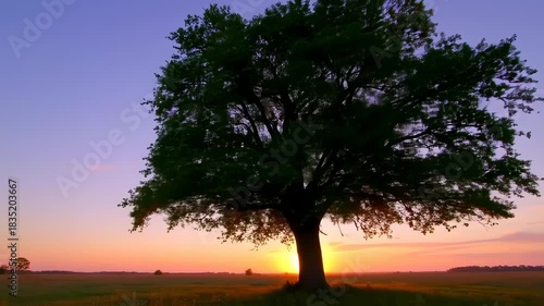 Solitary tree silhouette at sunset with vibrant colors, idyllic nature scene  and inspiring