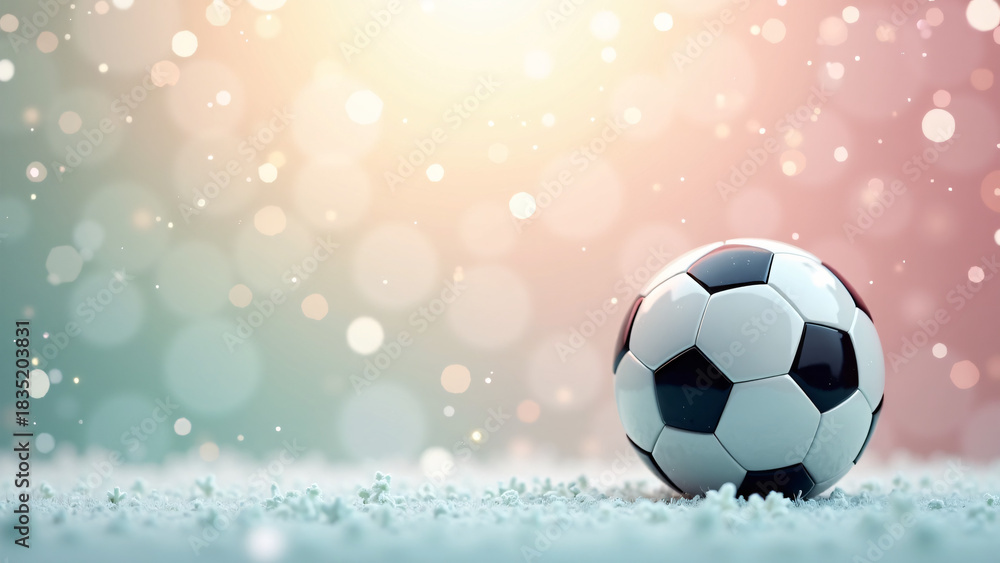 Naklejka premium Soccer ball rests on snowy ground—warm bokeh and frosty surface evoke contrast, nostalgia, and the quiet magic of winter sport. 