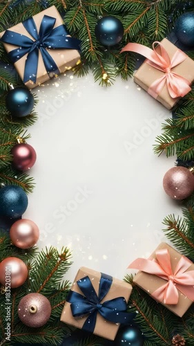 Christmas presents and festive ornaments with pine branches and sparkling lights. Holiday frame background with gift boxes and decoration for New Year. Vertical video
