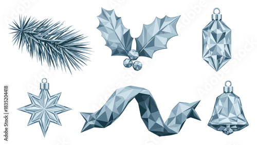 Geometric christmas ornaments in low poly style featuring holly and pine elements