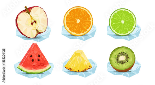Geometric fruit set: polygonal apple, orange, lime, watermelon, pineapple, kiwi on ice