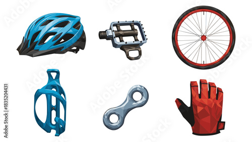 Geometric cycling gear set featuring helmet, pedal, wheel, bottle holder, chain link, glove