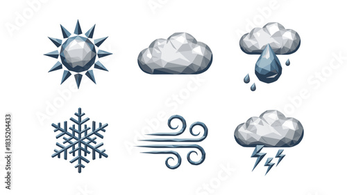 Geometric weather symbols: low poly sun, clouds, and elements