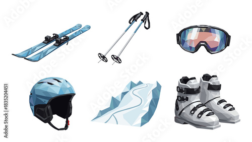 Low poly winter sports gear set featuring ski equipment and accessories