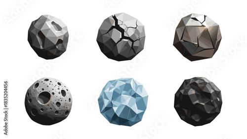 Collection of geometric low-poly asteroids and meteorites in various styles and textures