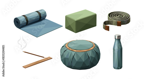 Low poly yoga essentials set with mat, block, strap, incense, cushion, and bottle