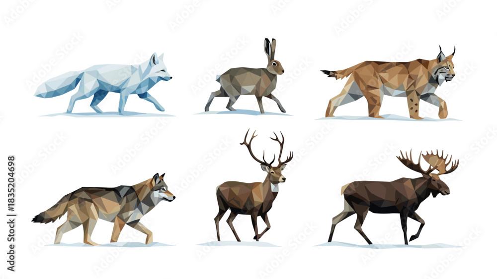 Obraz premium Geometric wildlife collection: majestic low poly animals in nature