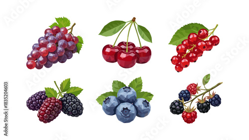Vibrant low poly berry selection featuring grapes, cherries, and blueberries
