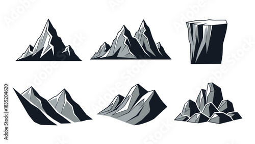 Set of stylized mountain peaks and cliffs in flat design