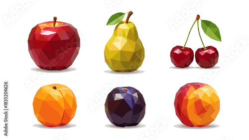 Geometric low poly fruits: apple, pear, cherries, orange, plum, and peach