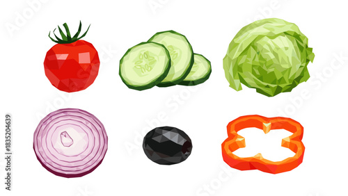 Geometric vegetable art: tomato, cucumber, lettuce, onion, olive, and pepper