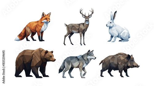 Low poly wildlife animals collection featuring fox, deer, rabbit, bear, wolf, and boar