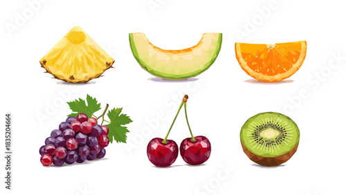 Geometric polygonal fruits collection with pineapple, melon, orange, grapes, cherries, and kiwi
