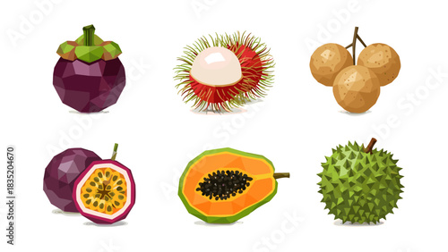 Exotic low poly tropical fruits collection in geometric style