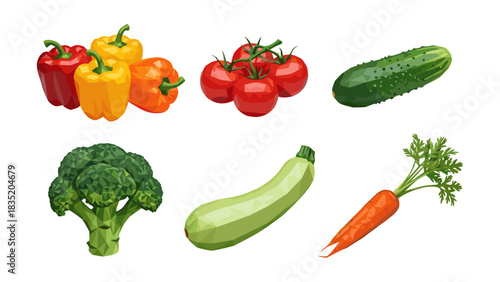 Low poly vegetables: colorful geometric designs of fresh produce