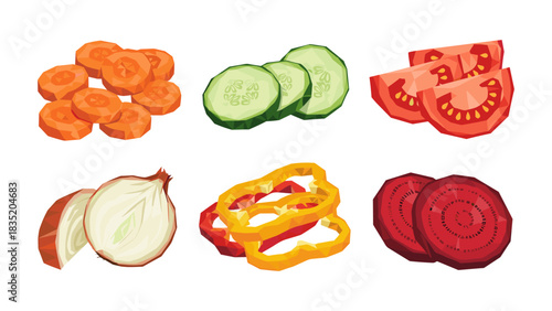 Colorful low poly vegetable slices featuring carrot, cucumber, tomato, onion, pepper, beetroot