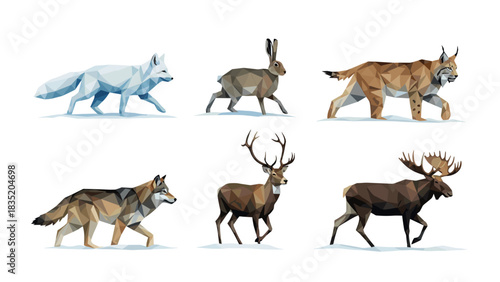 Geometric wildlife collection: majestic low poly animals in nature