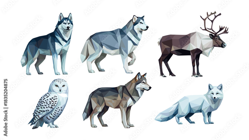 Obraz premium Geometric polygonal arctic animals collection featuring wolves, reindeer, owl, and fox