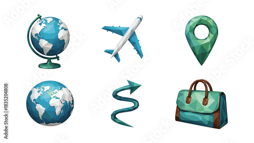 Geometric travel icons featuring plane, globe, and bag