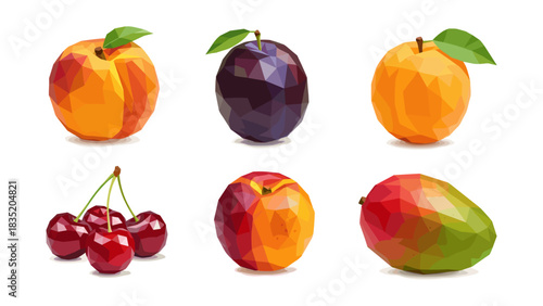 Geometric polygon fruits: peach, plum, cherries, and mango collection