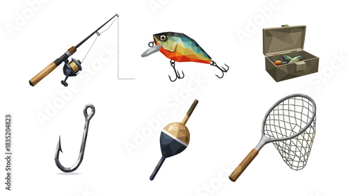 Low poly fishing gear collection with rod, lure, hook, and net