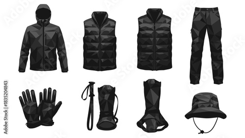 Geometric outdoor clothing set with hiking accessories in low poly style