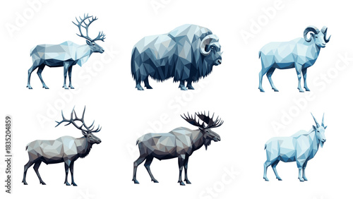 Geometric low poly wildlife animals with antlers collection for design projects