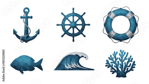 Nautical set with anchor, helm, lifebuoy, fish, wave, and coral