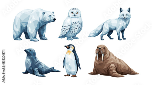 Geometric arctic animals collection featuring polar bear, snowy owl, arctic fox, seal, penguin, and walrus