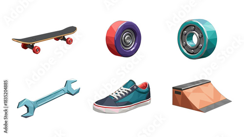 Colorful skateboarding gear and accessories in low poly design