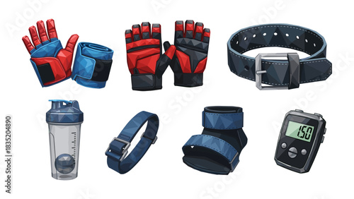 Geometric sports gear collection with gloves and fitness accessories