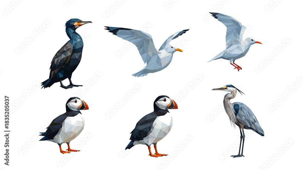 Obraz premium Geometric bird collection featuring low poly sea birds in various poses