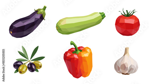 Polygonal vegetables and fruits collection: fresh, colorful, modern design