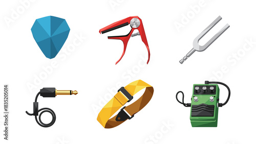 Stylized guitar accessories set featuring modern and vintage designs