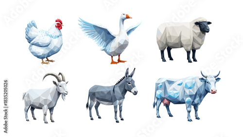 Low poly farm animals set featuring chicken, goose, sheep, goat, donkey, and cow