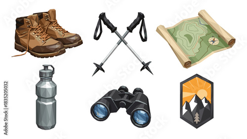 Low poly hiking gear icons: boots, map, poles, water bottle, binoculars, mountain badge