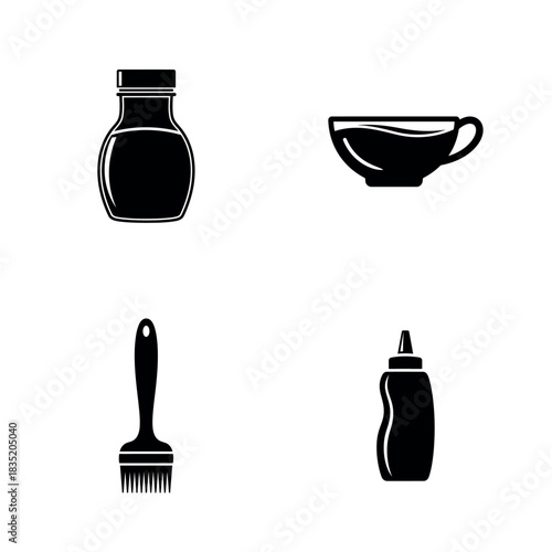Illustration of a bottle, cup, brush, and squeeze bottle on a white background silhouette