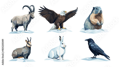Geometric wildlife art featuring eagle, goat, rabbit, and more