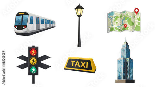 Urban transportation and navigation icons in low poly style