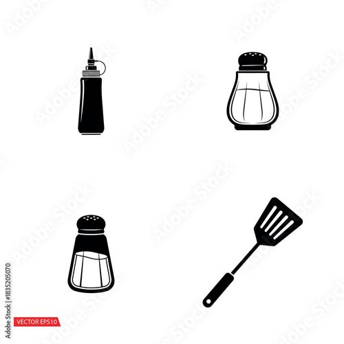 Illustration of ketchup bottle salt shakers and a spatula on a white background silhouette