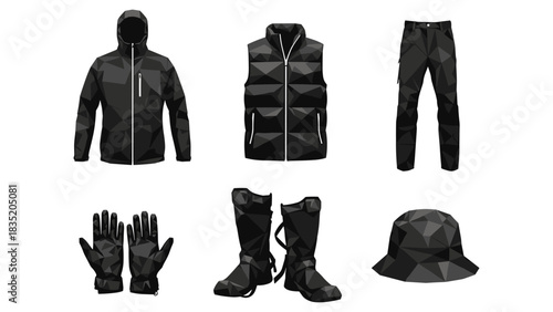 Geometric polygonal outdoor apparel collection in black and white