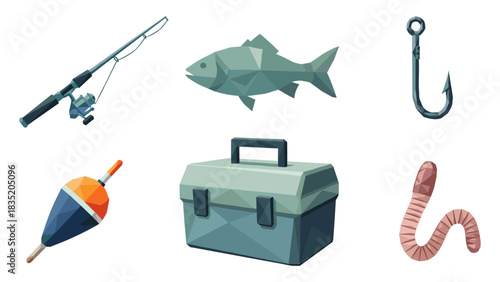 Fishing essentials set: rod, fish, hook, tackle box, bobber, worm in low poly art style