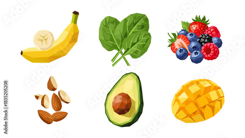 Low poly fruit and nut collection featuring banana, berries, spinach, avocado, mango, and almonds