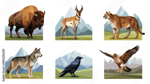 Low poly wildlife series featuring north american animals and mountain backdrop