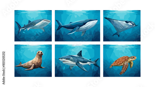 Geometric ocean wildlife: sharks, whales, turtles, seals, and rays underwater
