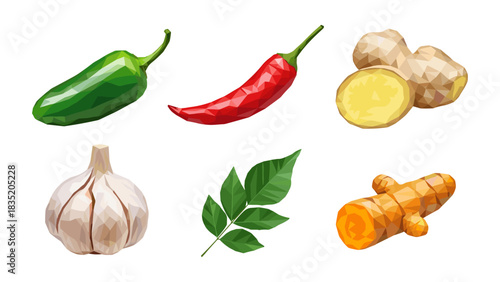 Polygonal spice and herb collection: chili, garlic, ginger, turmeric, leaf art