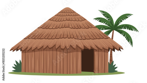Traditional tropical hut with palm tree in flat design